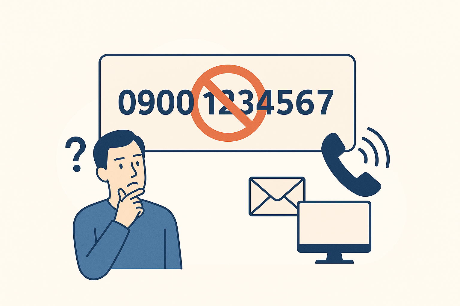 Illustratie van een man die nadenkt over een 0900-nummer dat is doorgestreept, met symbolen van telefoon, e-mail en computer ernaast. De afbeelding benadrukt de slechte bereikbaarheid en negatieve associaties van 0900-servicenummers.