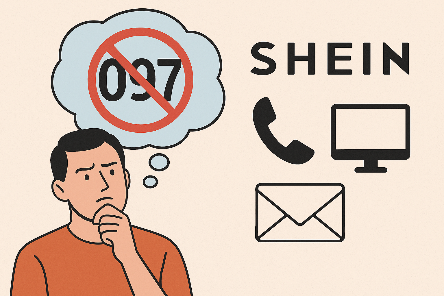 Illustratie van een man die nadenkend kijkt naar een gedachtewolk met daarin een rood verbodsteken over het nummer ‘097’. Rechts staat de merknaam SHEIN met iconen van een telefoon, computer en envelop, wat de twijfel en verwarring rond het gebruik van 097-nummers voor klantenservice benadrukt.