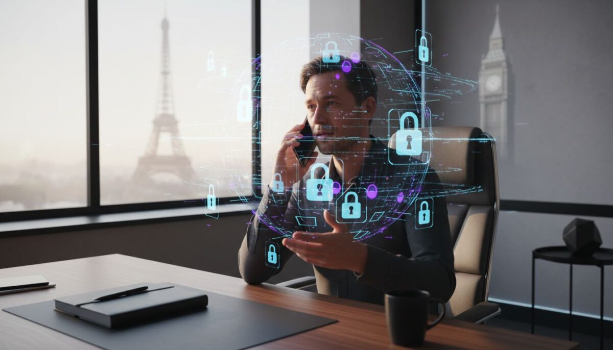 Person making secure international phone call