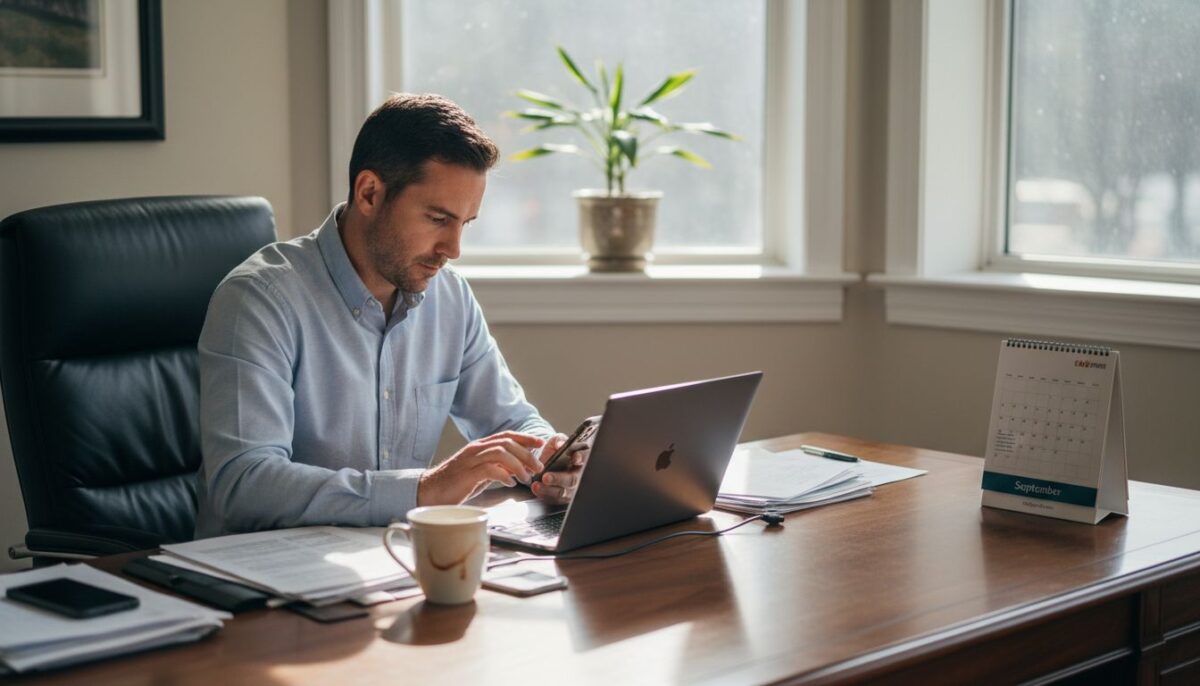 Employee logging phone expenses at office desk