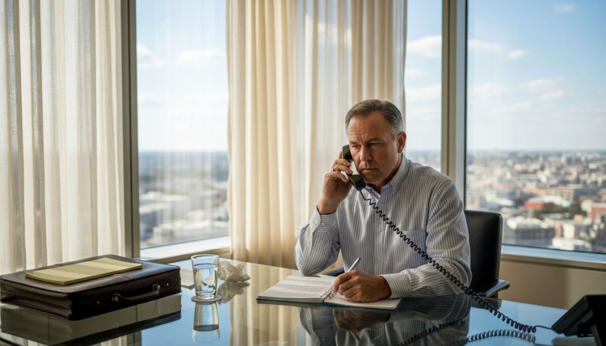 Executive calls internationally in corner office
