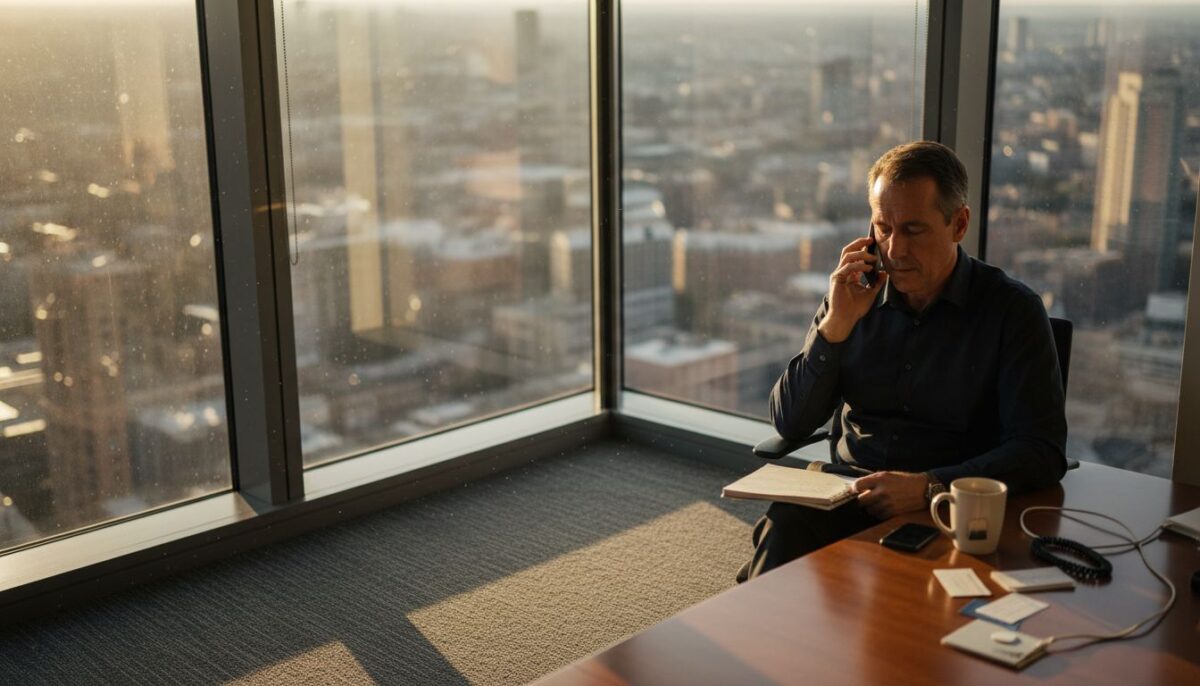 Man making international phone call in office