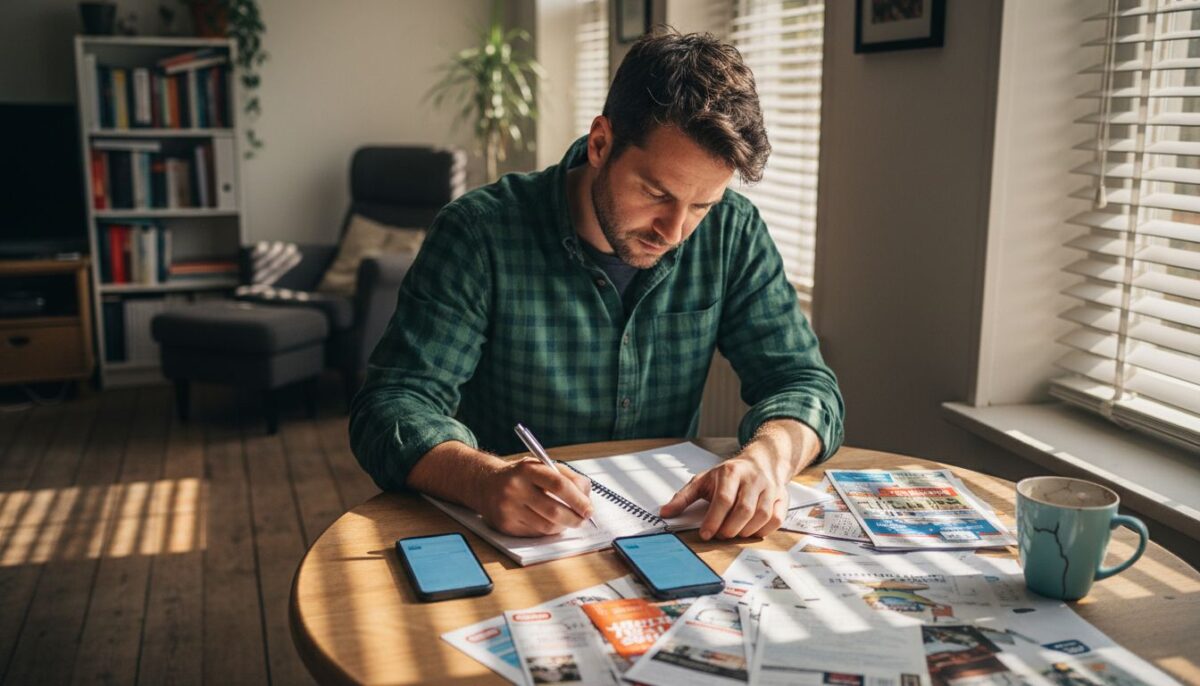 Man compares phone calling options at home table