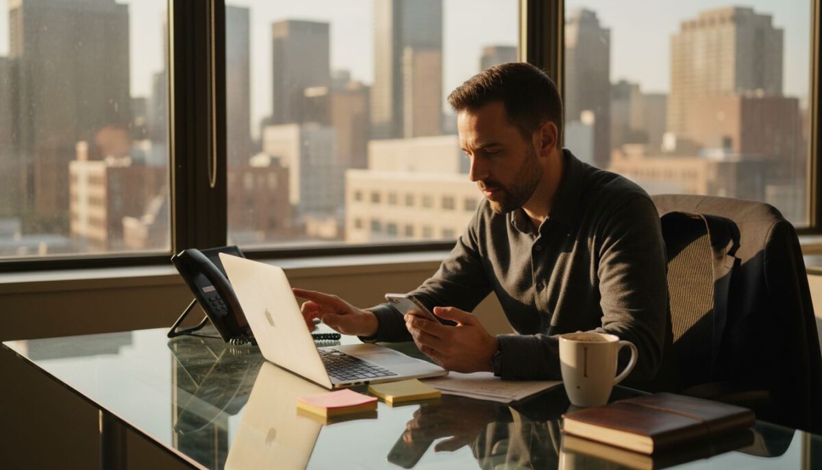 Man forwarding phone call at office desk