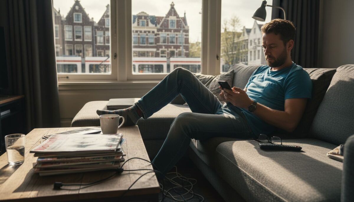 Man installeert eSIM op zijn smartphone thuis