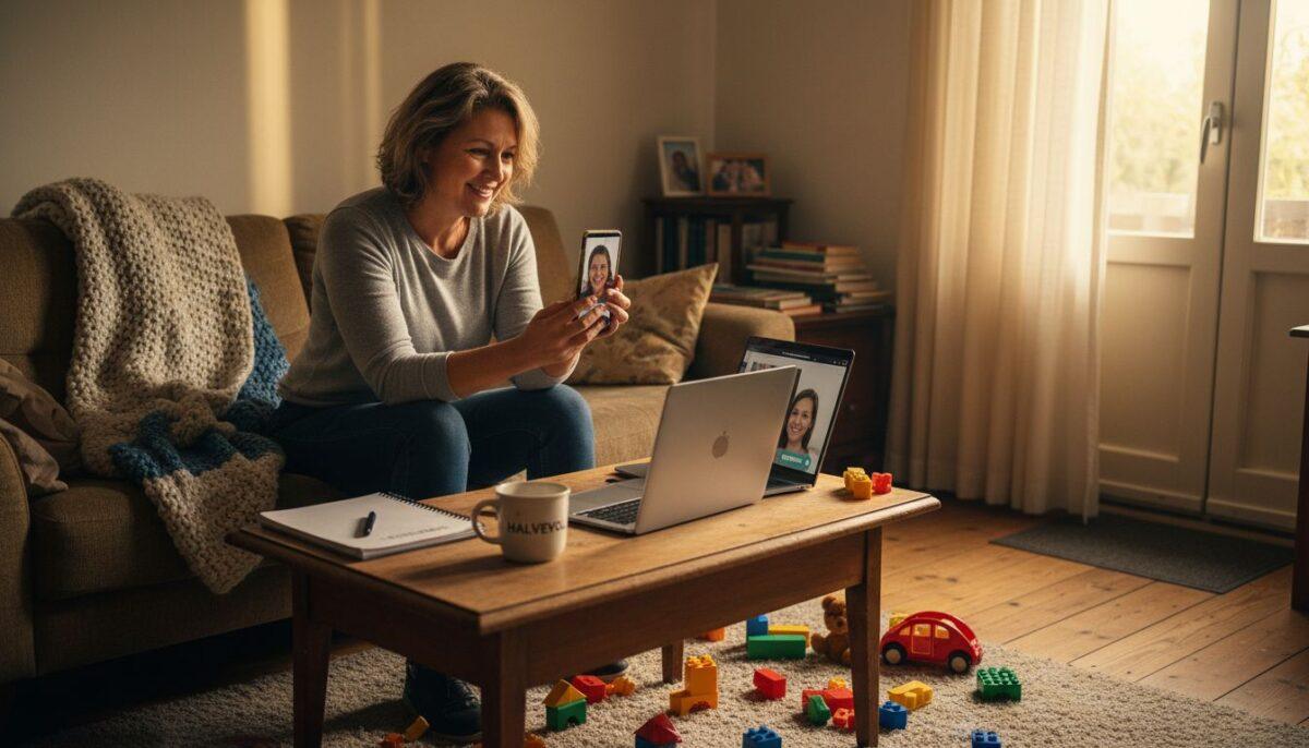 Vrouw voert een videogesprek vanuit haar woonkamer, met op de achtergrond gezellige details van haar interieur.