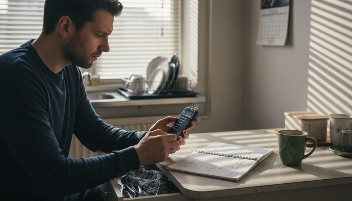 Iemand kijkt op zijn telefoon om een inkomend gesprek te weigeren.