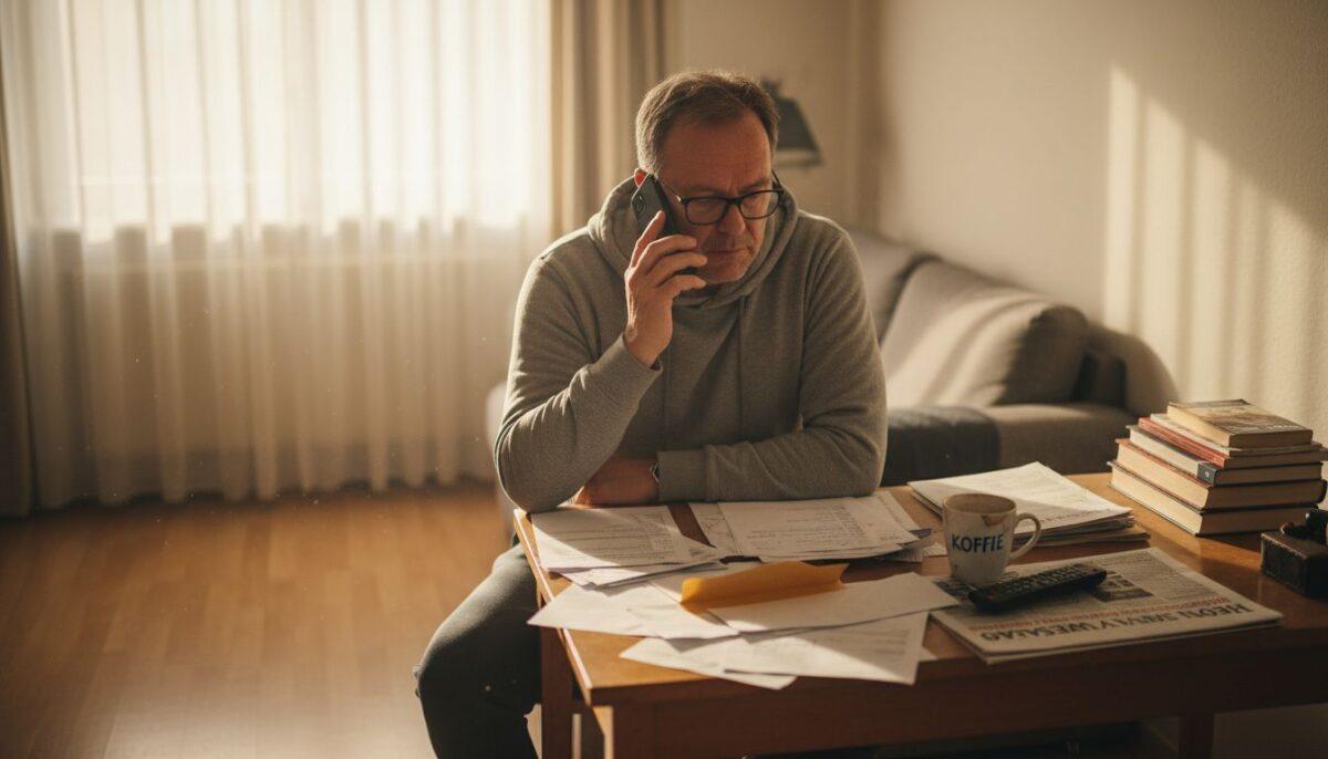 Man werkt thuis aan zijn bureau terwijl hij zijn telefoon gebruikt.