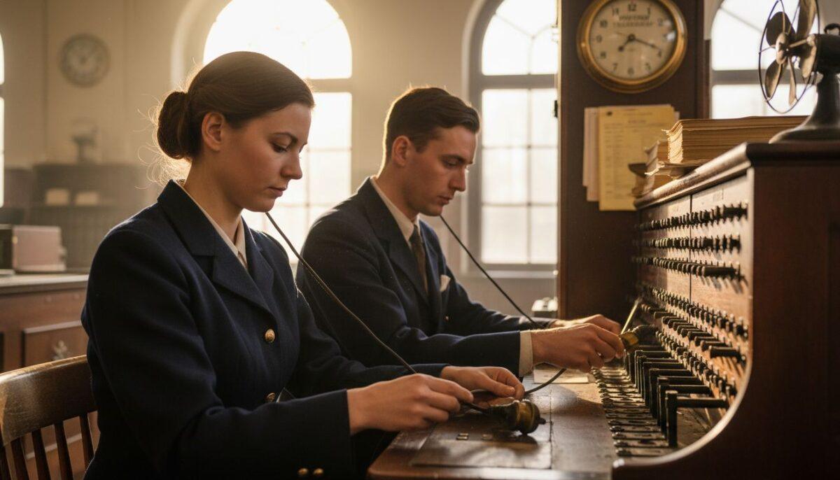 Telefonistes aan het werk bij een ouderwets telefooncentrale