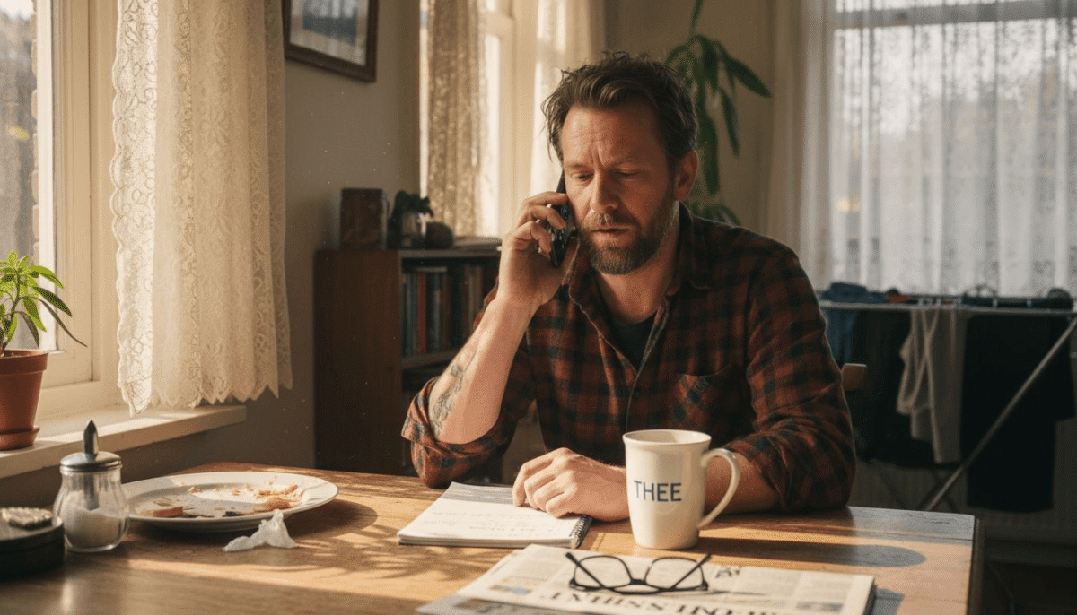 Een man die aan de keukentafel zit en zijn telefoon pakt om iemand te bellen.