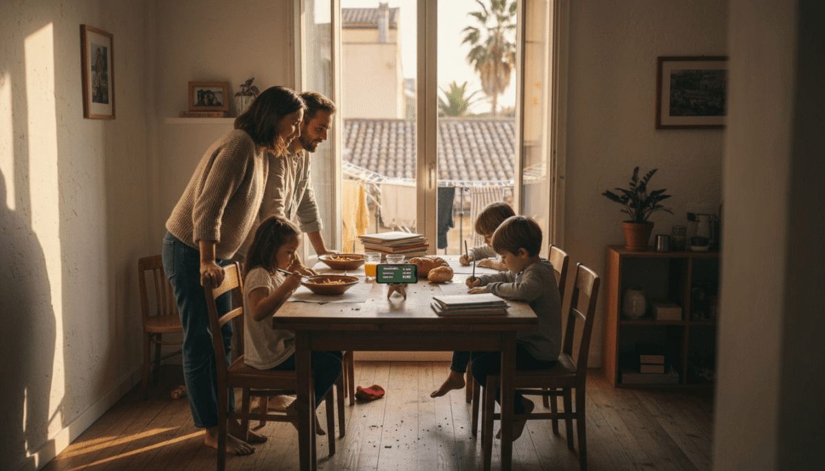 Een Nederlands gezin geniet samen van het avondeten in hun zonnige appartement in Barcelona.