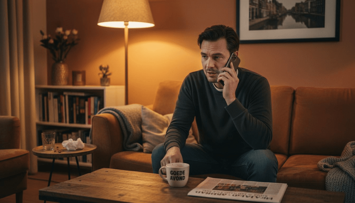 Man voert een privételefoongesprek in zijn eigen huis