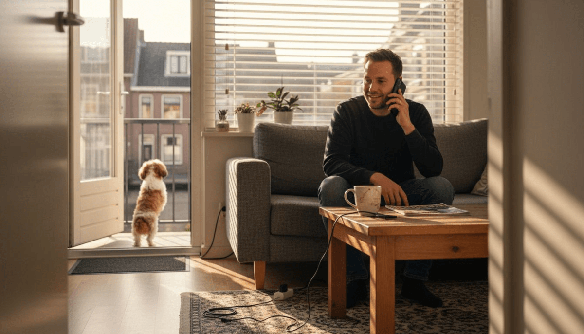 Man voert een internationaal telefoongesprek vanuit zijn knusse appartement.