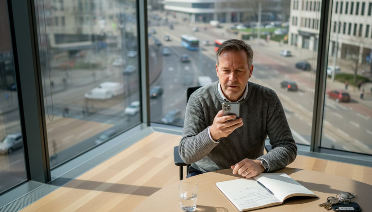 Man bespreekt milieukwesties telefonisch vanaf zijn werkplek