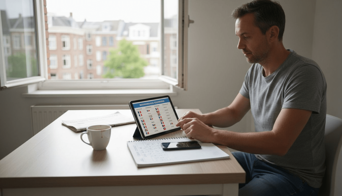 Een man zit aan de keukentafel en vergelijkt de tarieven voor bellen naar het buitenland.