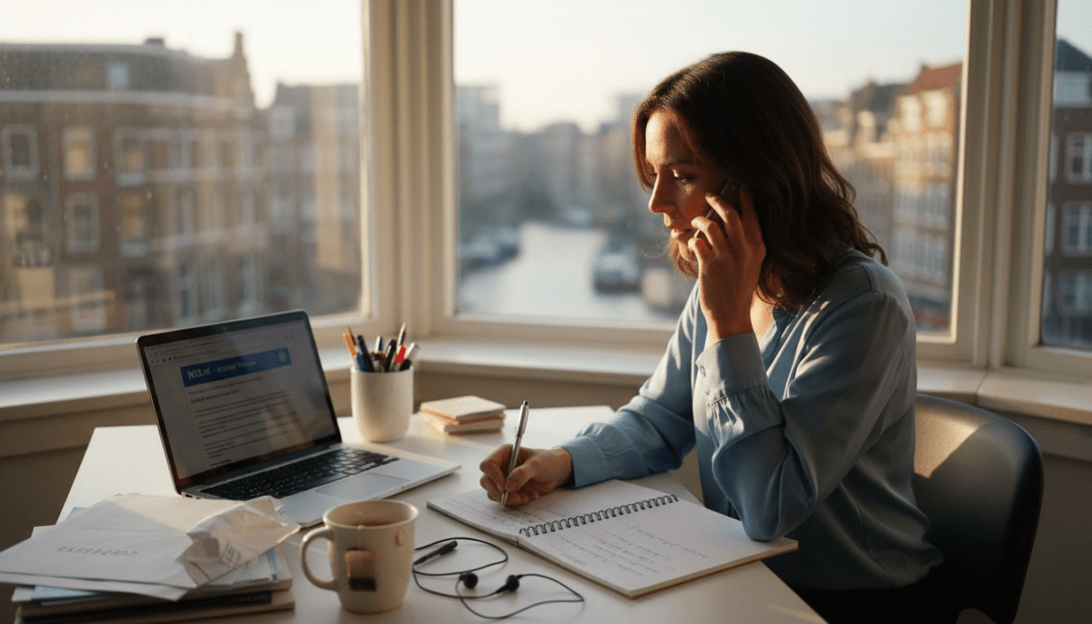 Een vrouw voert een telefoongesprek in een lichte, moderne kantoorruimte bij het raam.