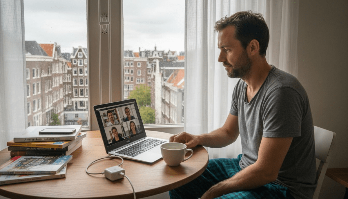 Man voert een videogesprek met het buitenland aan de keukentafel