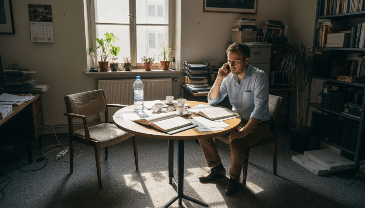 Man voert anoniem telefoongesprek in chaotisch kantoor