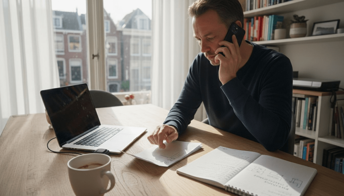 Een man zit aan de eettafel thuis en toetst een internationaal telefoonnummer in.