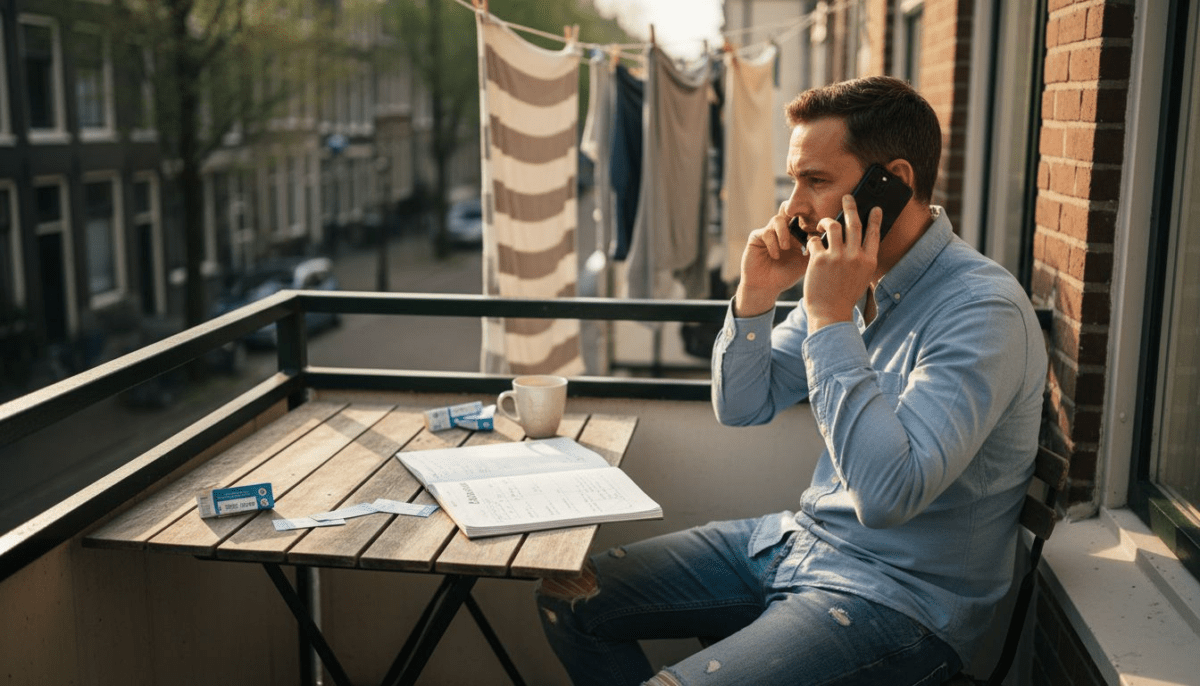 Een expat belt vanuit zijn appartement terwijl hij op het balkon staat.