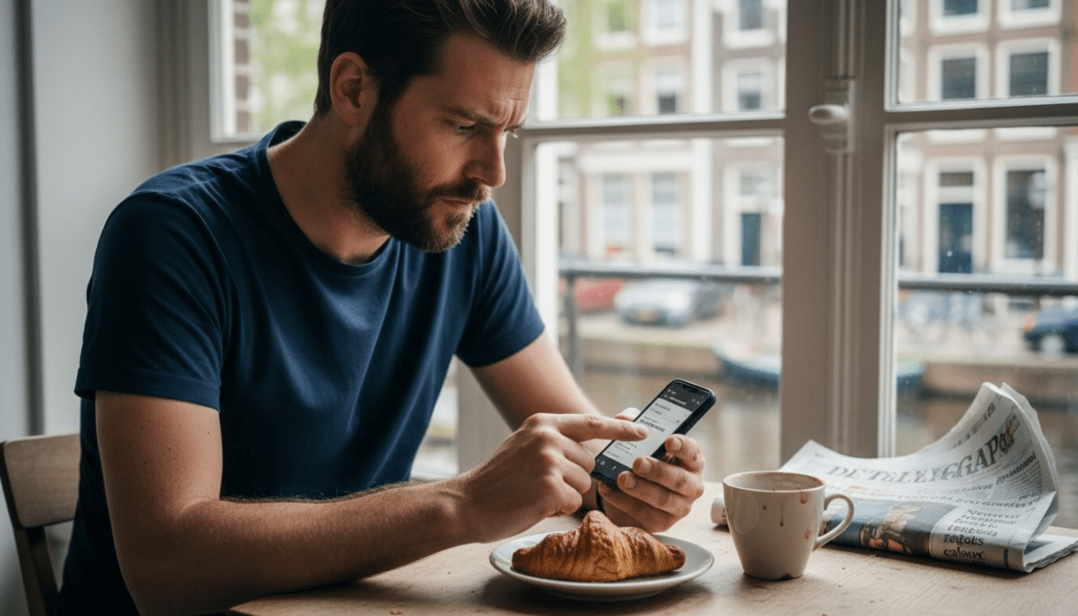Expat zit aan de keukentafel zijn mobiele nummer te blokkeren.