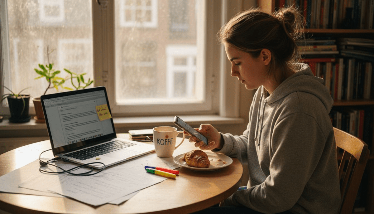 Een student voert vanuit de keuken een telefoongesprek met het buitenland.