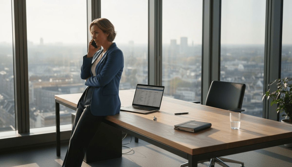 Een zakenvrouw voert een eerlijk telefoongesprek in haar zonnige kantoor.
