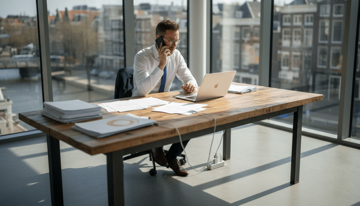 Een zakenman belt vanuit zijn kantoor in de stad met een buitenlandse relatie.