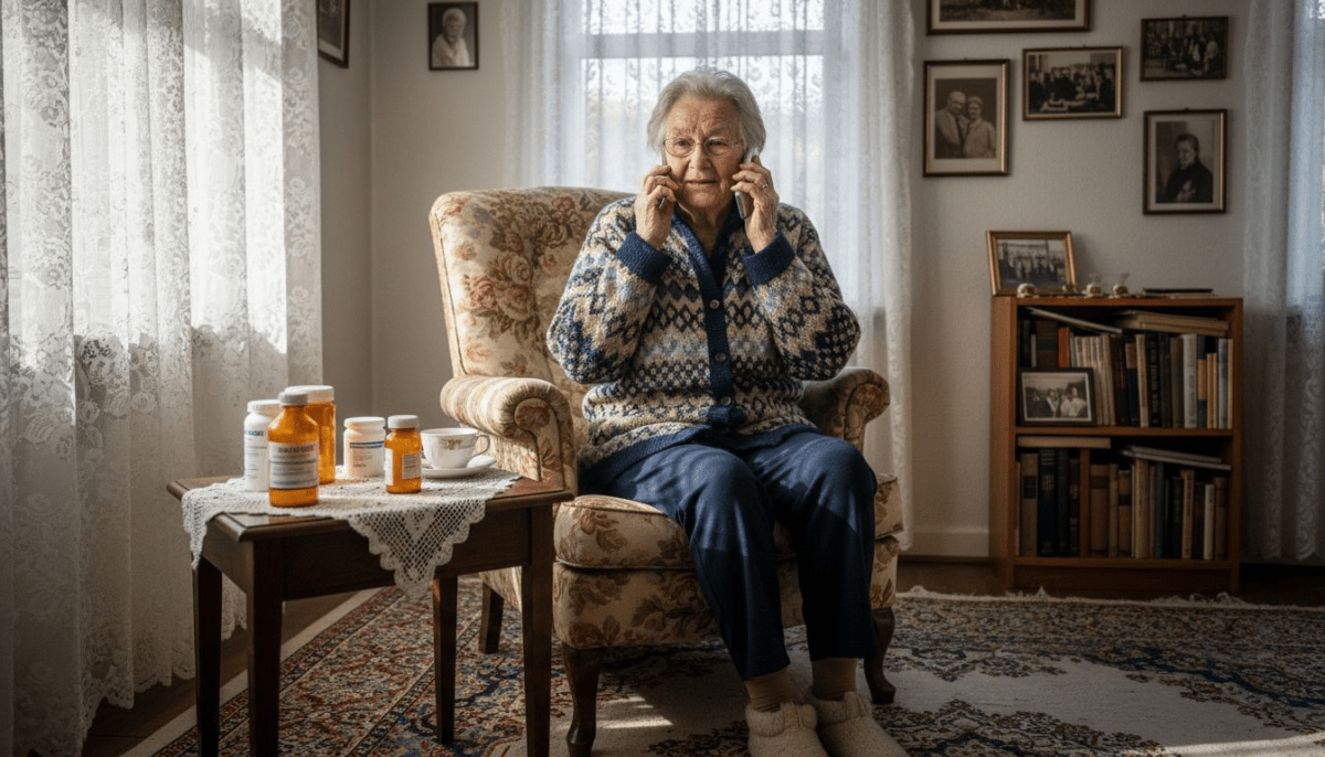 Een oudere vrouw belt rustig vanuit haar huiskamer.