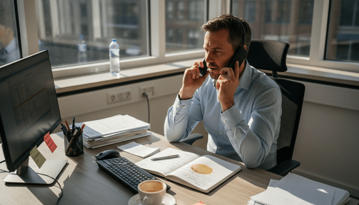 Een medewerker van de klantenservice voert een telefoongesprek vanuit een kantoor in de hoek.