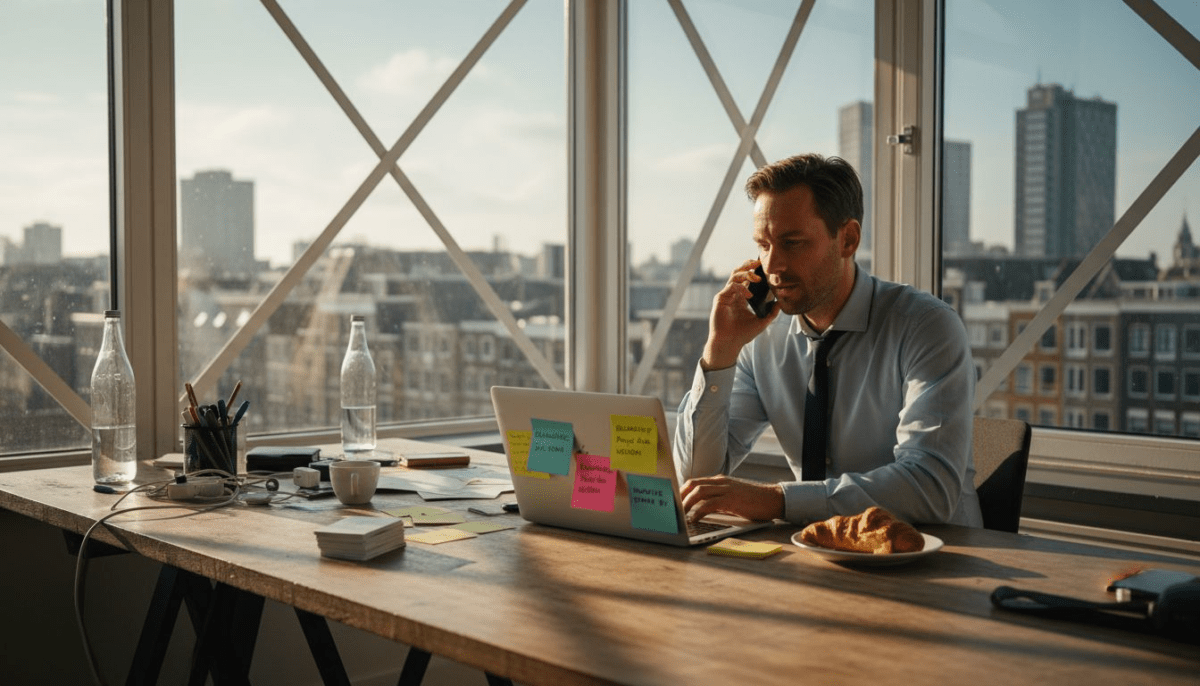 Een ondernemer voert een telefoongesprek in zijn lichte, zonnige kantoor.