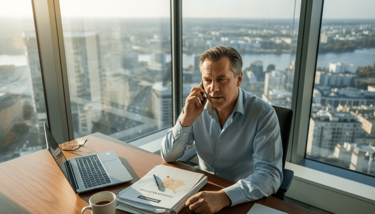 Een ondernemer voert een telefoongesprek op zijn mobiele telefoon terwijl hij op kantoor aan het werk is.