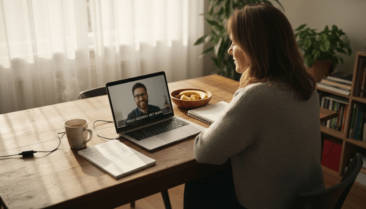 Een vrouw die vanuit haar keuken in het buitenland aan het videobellen is.