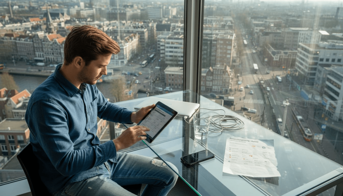 Ondernemer verdiept zich op kantoor in de mogelijkheden van Lebara-abonnementen.