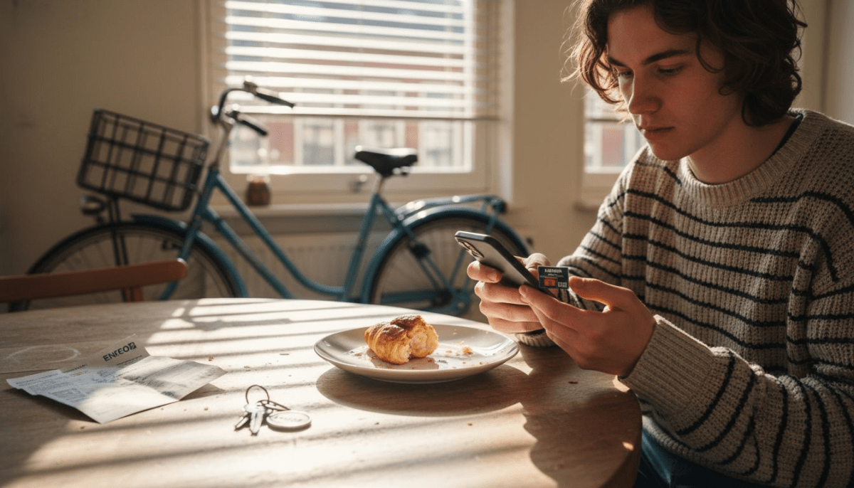 Aan de keukentafel zit iemand een prepaid simkaart in z’n telefoon te plaatsen.