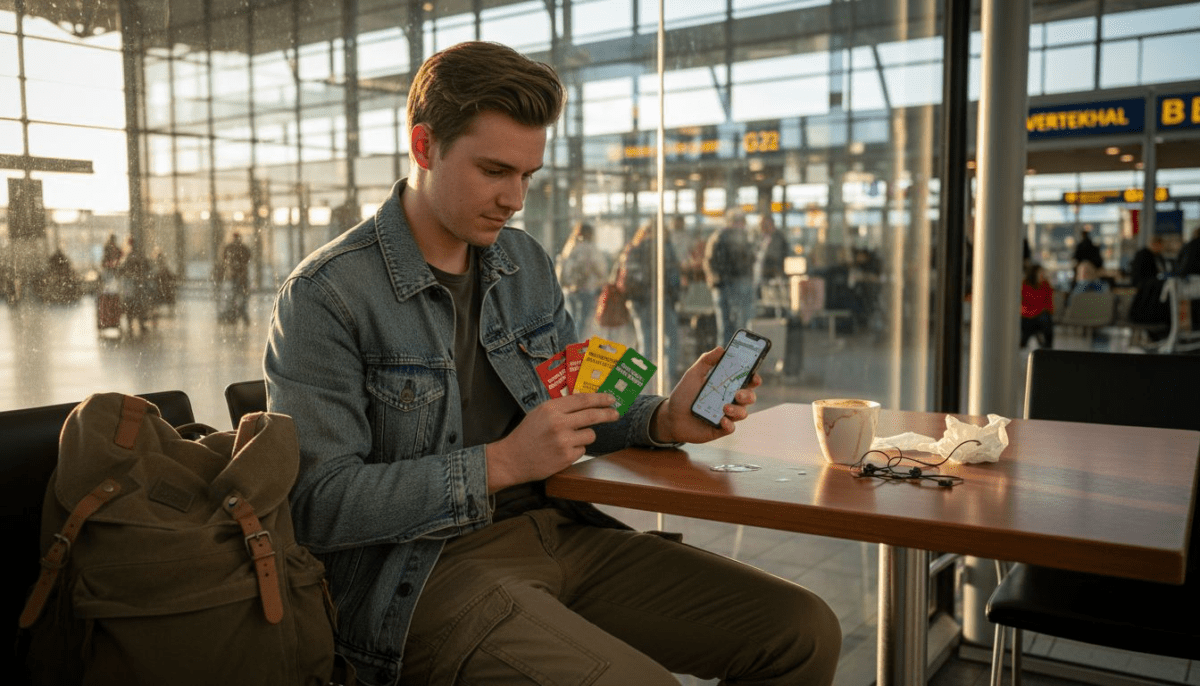 Een reiziger zit in de lounge op het vliegveld en checkt op zijn telefoon de verschillende mobiele opties.