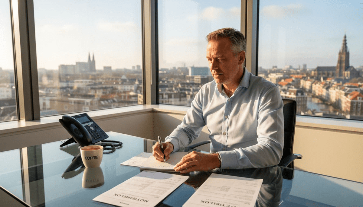 Een ondernemer voert een zakelijk telefoongesprek in een zonnig kantoor.