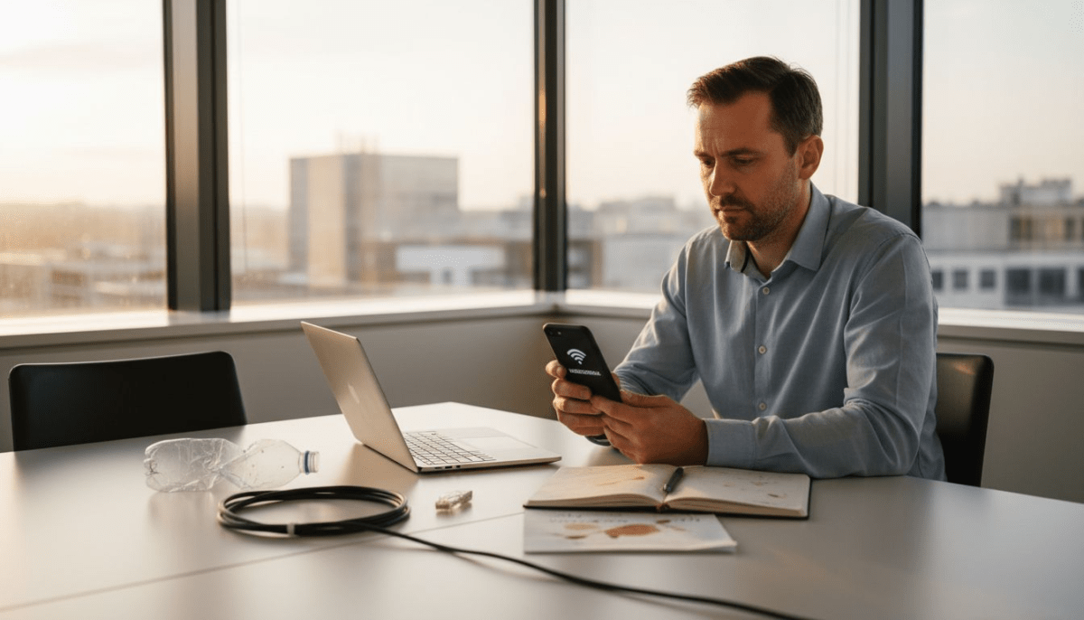 Man voert telefoongesprek via wifi op kantoor