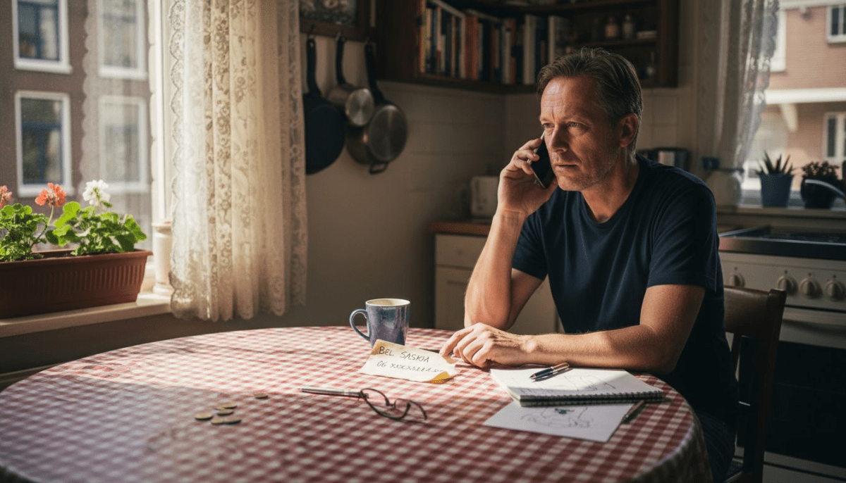 Een man voert een telefoongesprek met het buitenland terwijl hij in zijn Hollandse keuken staat.