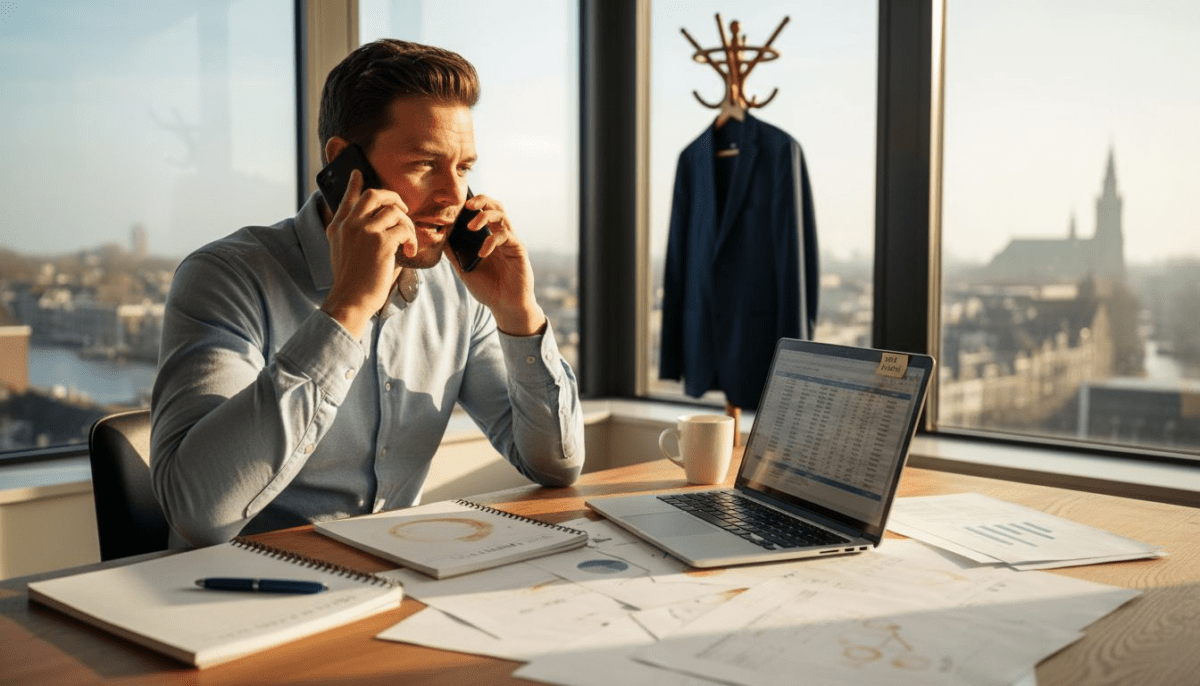 Ondernemer voert telefonisch overleg aan een rommelig bureau