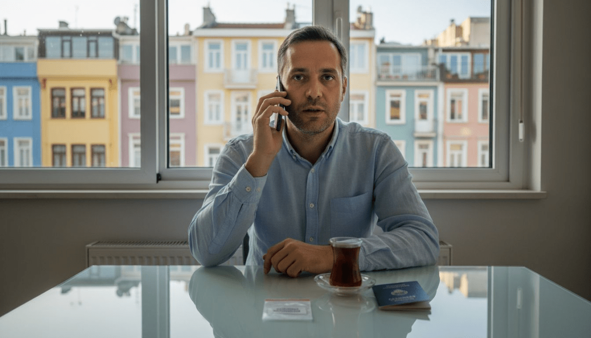 Man voert telefoongesprek met zijn smartphone in appartement in Istanbul