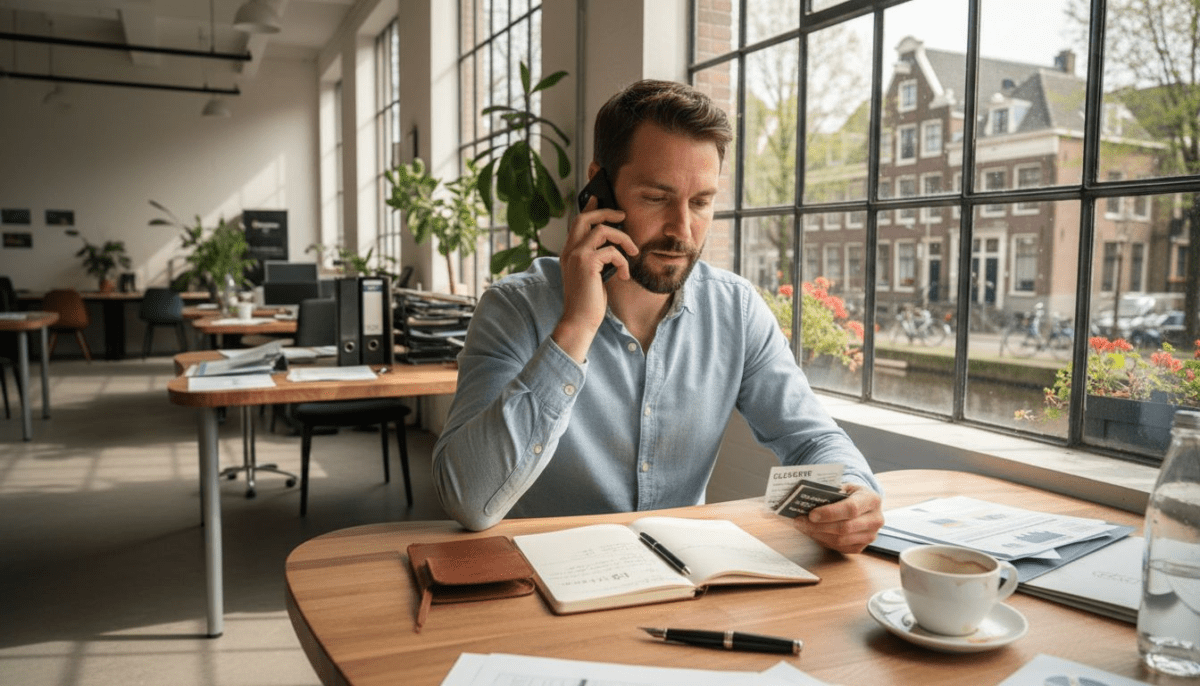 Zelfstandige aan het werk in een gedeelde kantoorruimte in het buitenland belt met een klant.