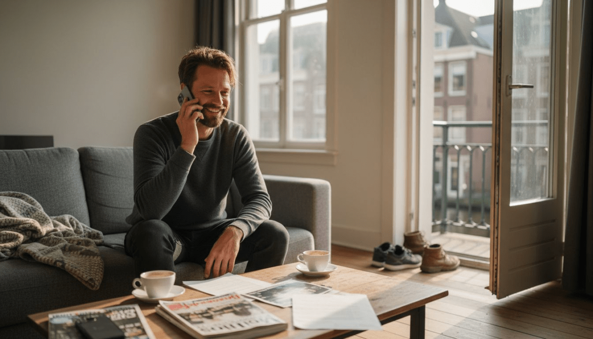 Een man belt vanuit zijn woonkamer in Amsterdam naar het buitenland.
