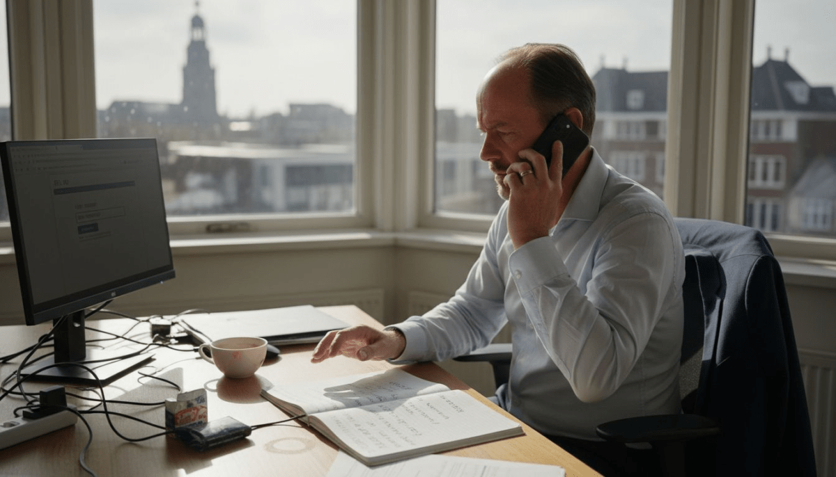 Een man belt naar een vast nummer terwijl hij tussen stapels papieren en rommel in een druk kantoor zit.