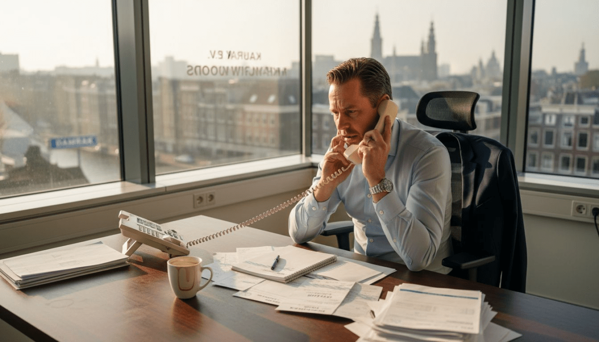 Een ondernemer voert een telefoongesprek met een klant vanuit zijn kantoor.