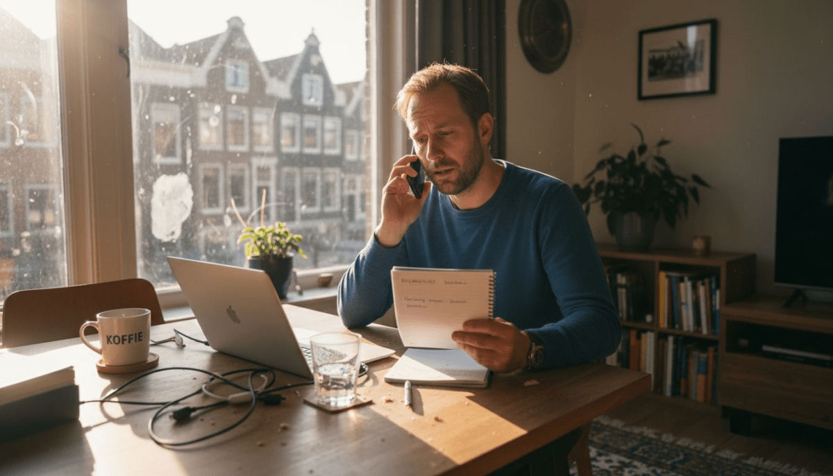 Een man zit aan de eettafel thuis en voert een internationaal telefoongesprek.