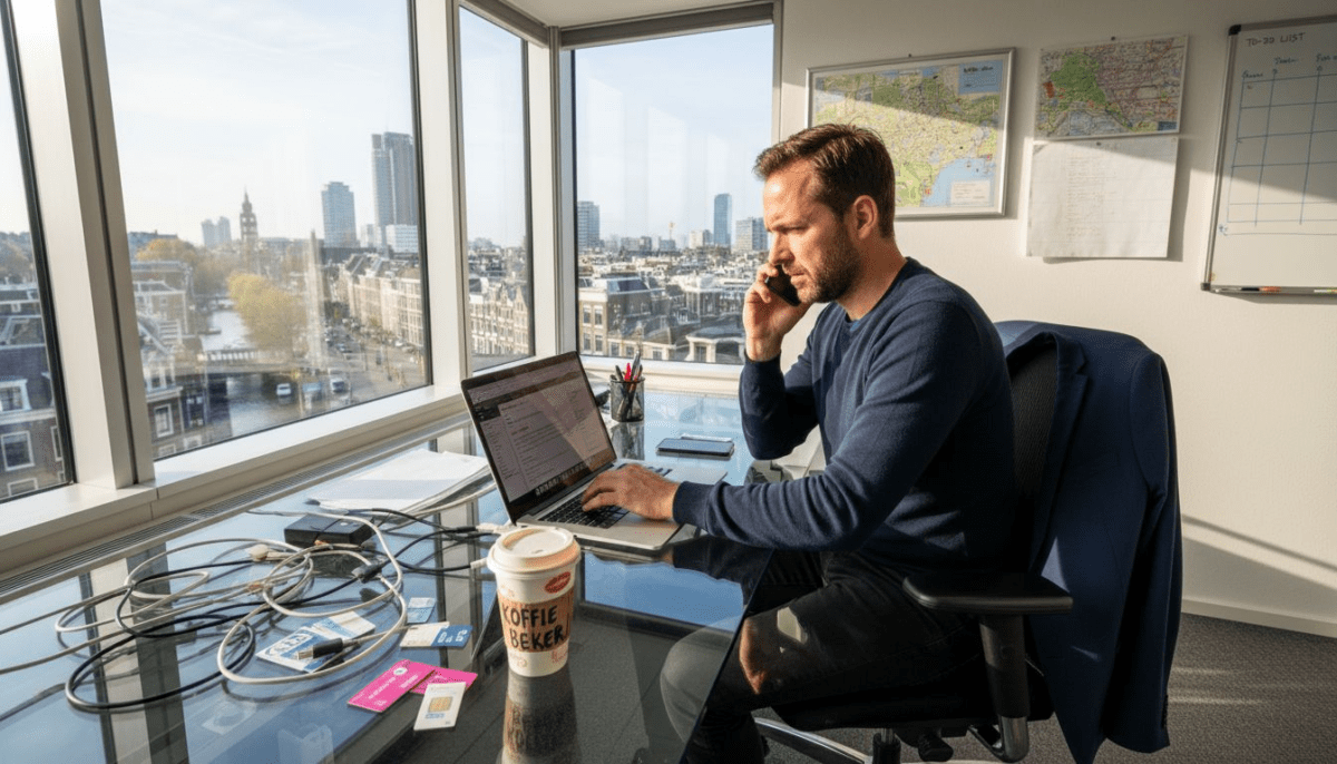 Een zakenman voert een internationaal telefoongesprek vanuit zijn kantoor in het centrum van de stad.
