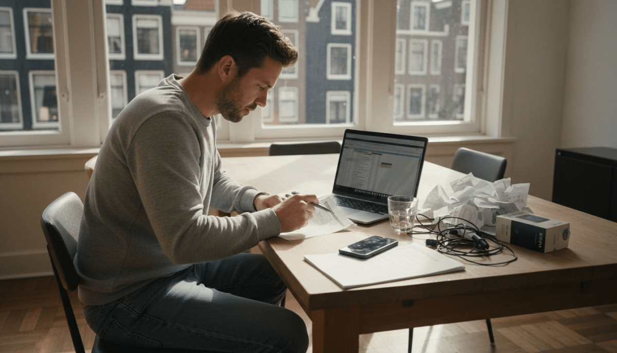 Een man zit aan de keukentafel en vergelijkt zijn telefoonrekeningen. Hij kijkt aandachtig naar de bedragen en probeert uit te zoeken waar hij eventueel kan besparen.