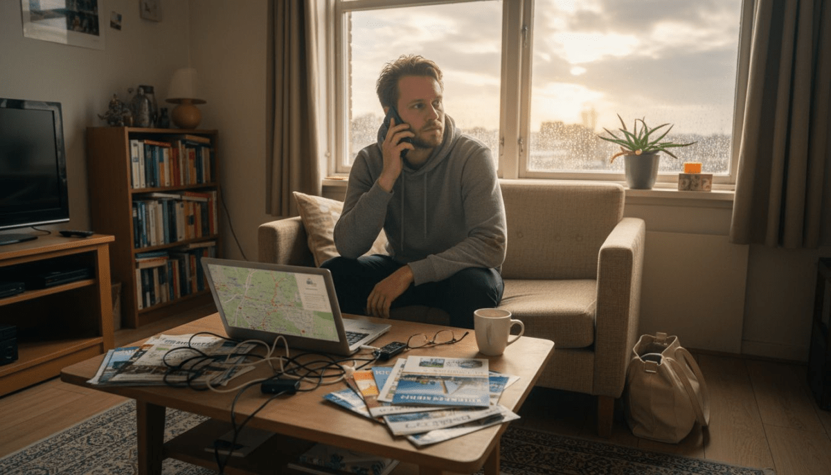 Man belt vanuit zijn appartement in Amsterdam naar het buitenland.