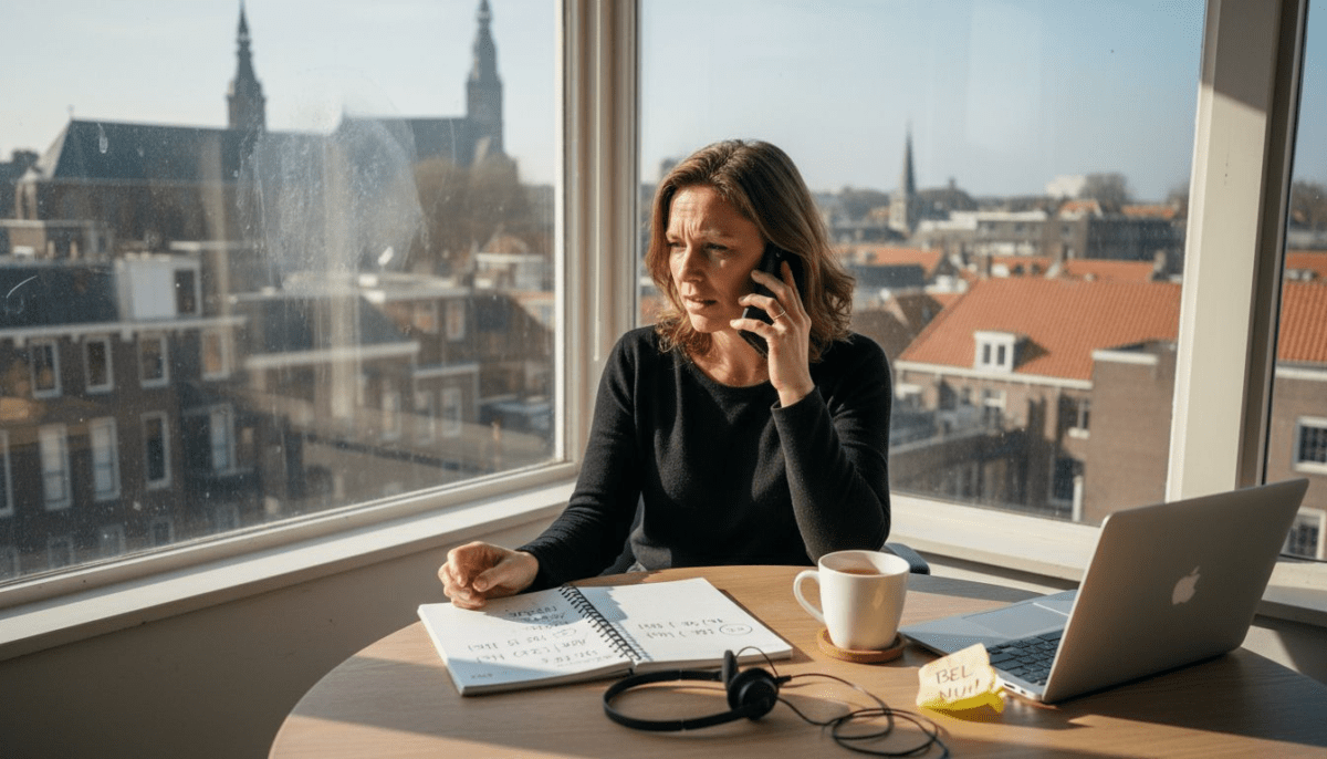 In zijn hoekkamer voert de ondernemer een internationaal telefoongesprek.